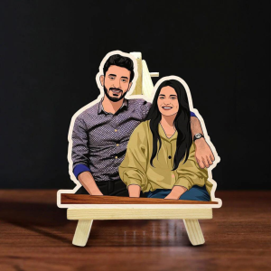 Custom Caricature Wooden Print with Easel - Personalized Gift