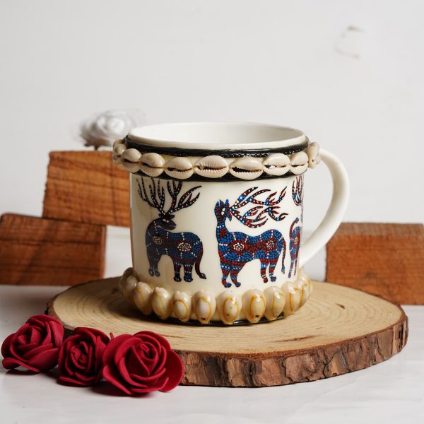 Handcrafted Ceramic Mug with Rucervus Prints & Shell Accents