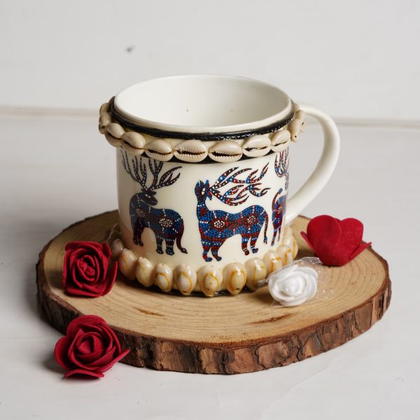 Handcrafted Ceramic Mug with Rucervus Prints & Shell Accents