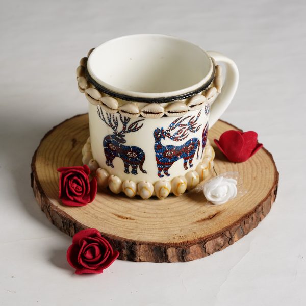 Handcrafted Ceramic Mug with Rucervus Prints & Shell Accents