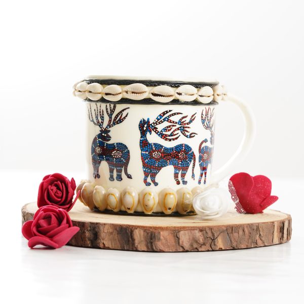 Handcrafted Ceramic Mug with Rucervus Prints & Shell Accents