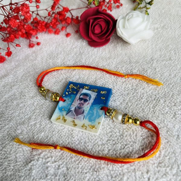 Personalized Brother Rakhi & Keychain - Elegant Gold & Sky Blue