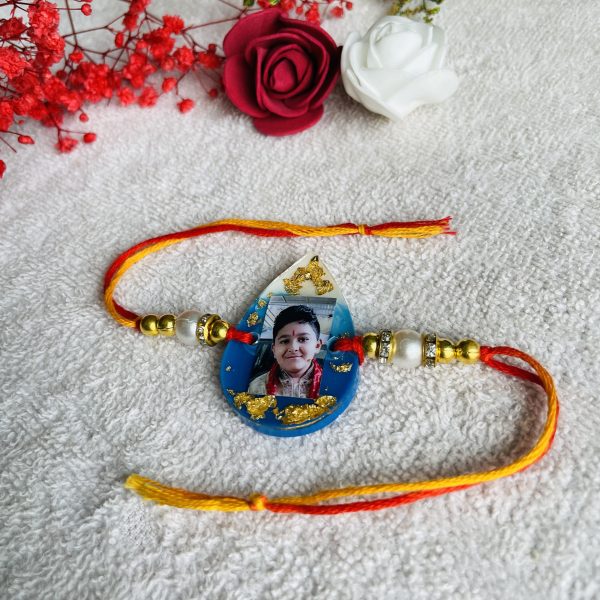 Personalized Brother Rakhi & Keychain - Elegant Gold & Sky Blue