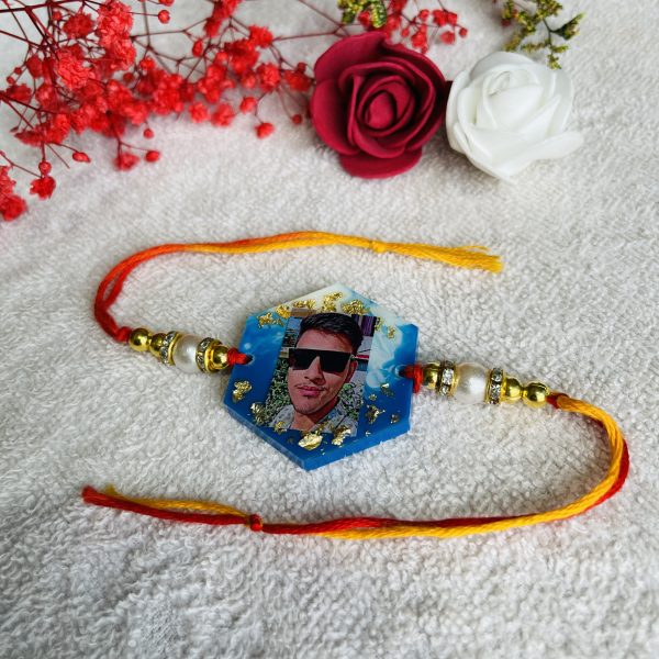 Personalized Brother Rakhi & Keychain - Elegant Gold & Sky Blue