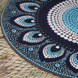 Closeup of Intricate Handmade Evil Eye Mandala Design – Acrylic on MDF Wall Décor with 5mm Thickness, Detailed Art Craftsmanship